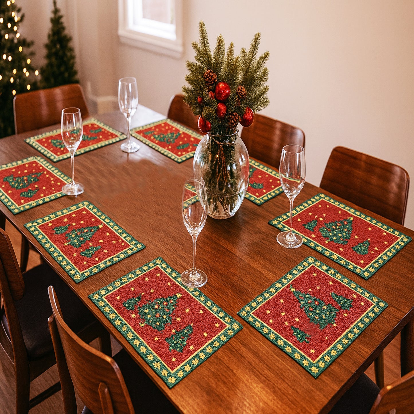 Ana Chrismas Tree Santa Table mats set of 2 , Jaquard Woven Polycotton table mat for dining table