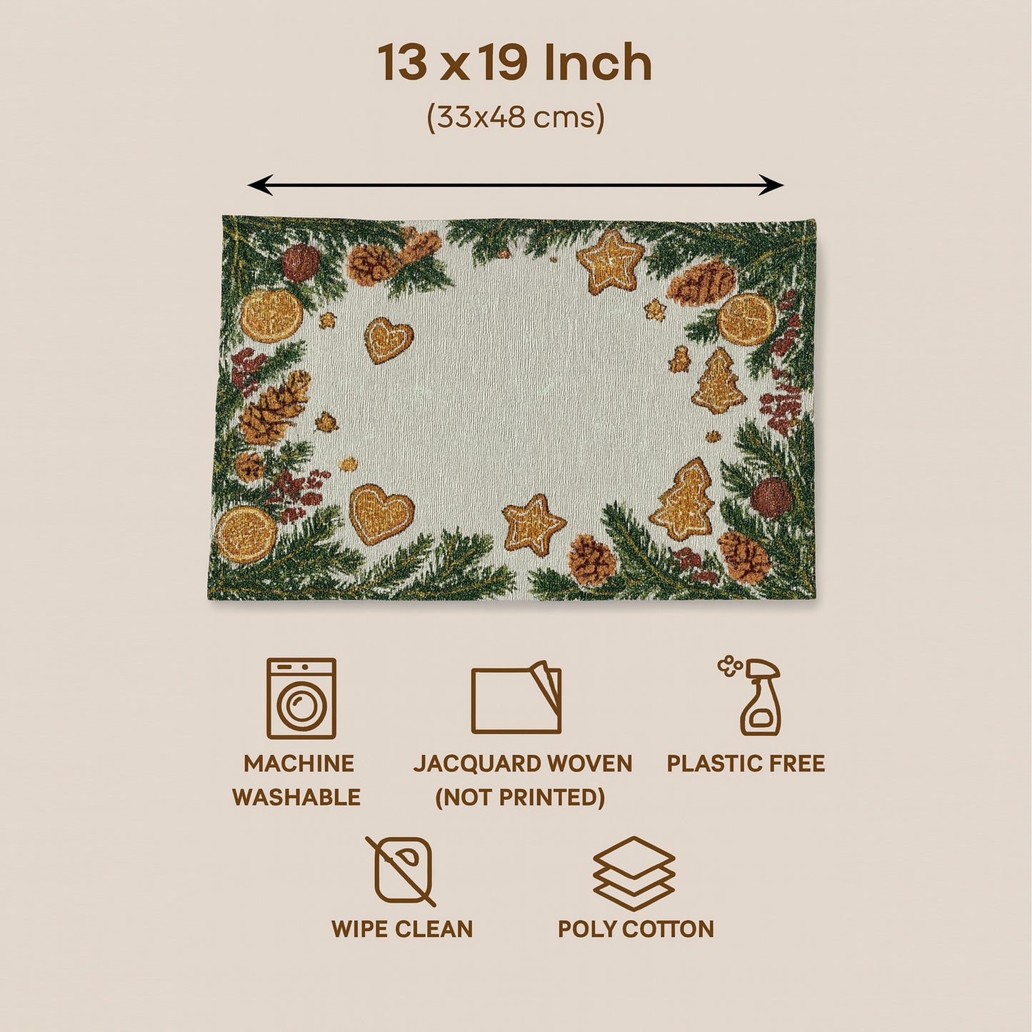 Ana Gingerbread Chrismas Table mats set of 2 , Jaquard Woven Polycotton table mat for dining table