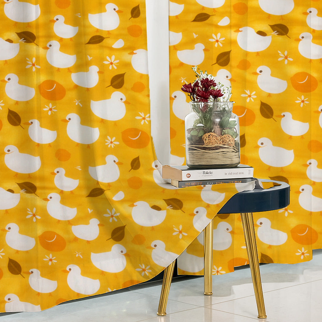 ANA Duck Mustard Kids Cotton Eyelet Curtain for Window, Door, Long Door  5 Feet 7 Feet 9 Feet | Soft Printed Curtain for Kids Room DŽcor Set of 2