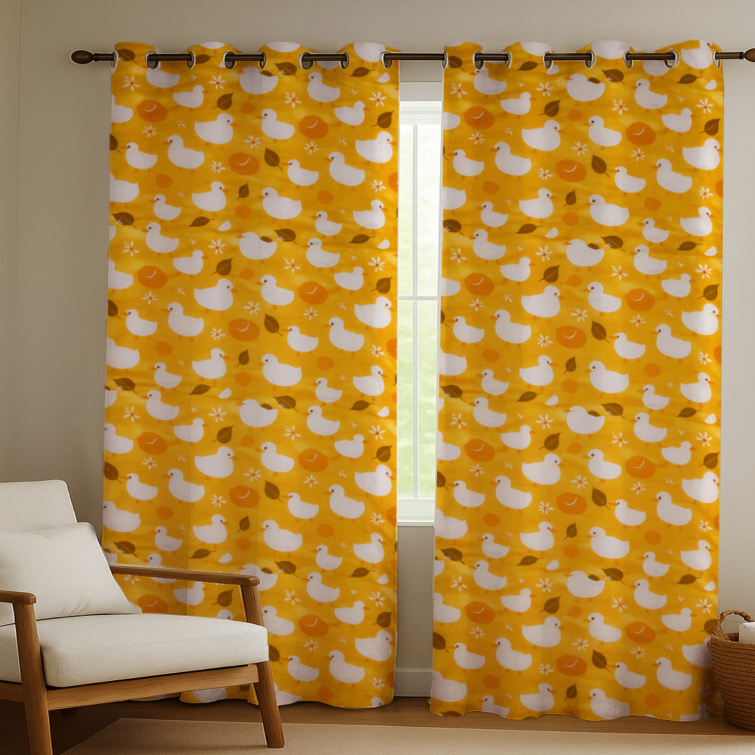 ANA Duck Mustard Kids Cotton Eyelet Curtain for Window, Door, Long Door  5 Feet 7 Feet 9 Feet | Soft Printed Curtain for Kids Room DŽcor Set of 2