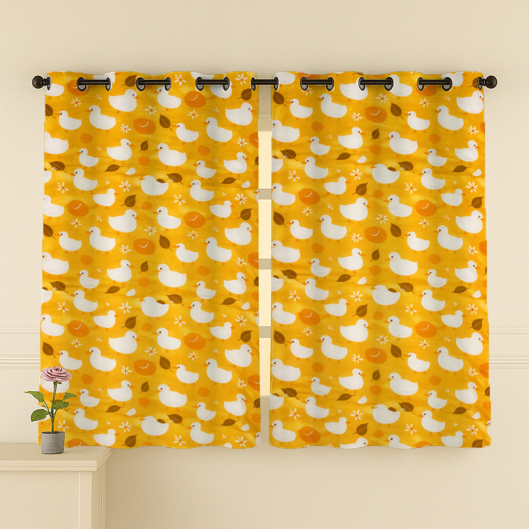ANA Duck Mustard Kids Cotton Eyelet Curtain for Window, Door, Long Door  5 Feet 7 Feet 9 Feet | Soft Printed Curtain for Kids Room DŽcor Set of 2
