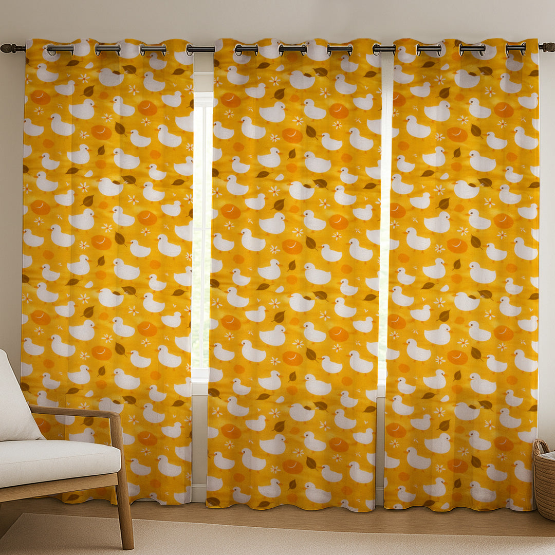 ANA Duck Mustard Kids Cotton Eyelet Curtain for Window, Door, Long Door  5 Feet 7 Feet 9 Feet | Soft Printed Curtain for Kids Room DŽcor Set of 3
