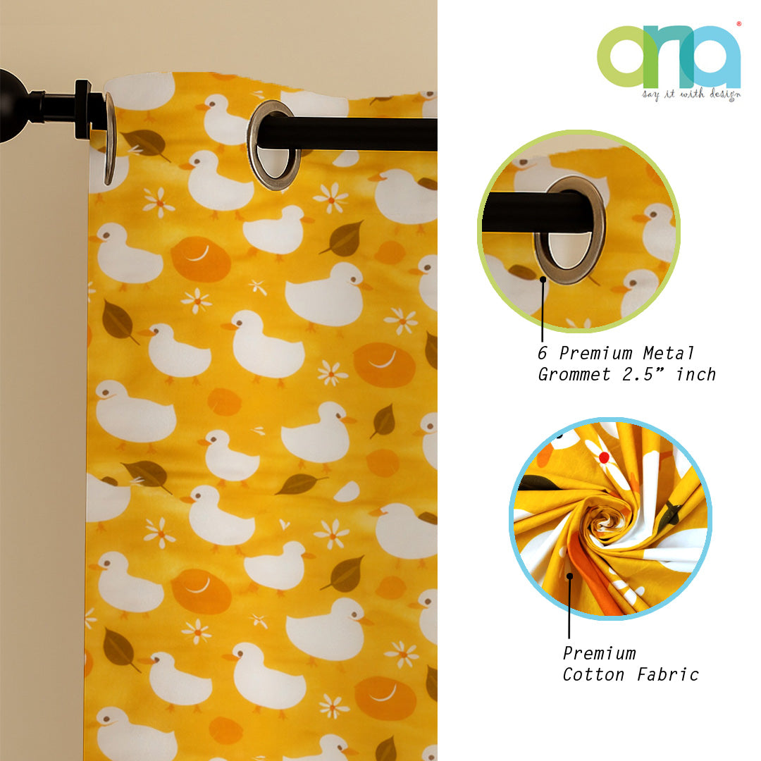 ANA Duck Mustard Kids Cotton Eyelet Curtain for Window, Door, Long Door  5 Feet 7 Feet 9 Feet | Soft Printed Curtain for Kids Room DŽcor Set of 1